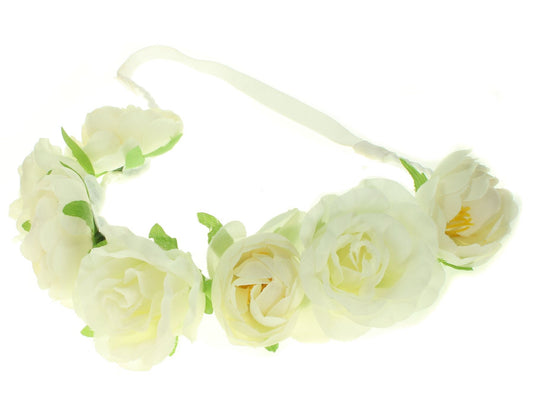 Ivory Rose Flower Garland Crown Headband Elastic Hair Band Summer Festival