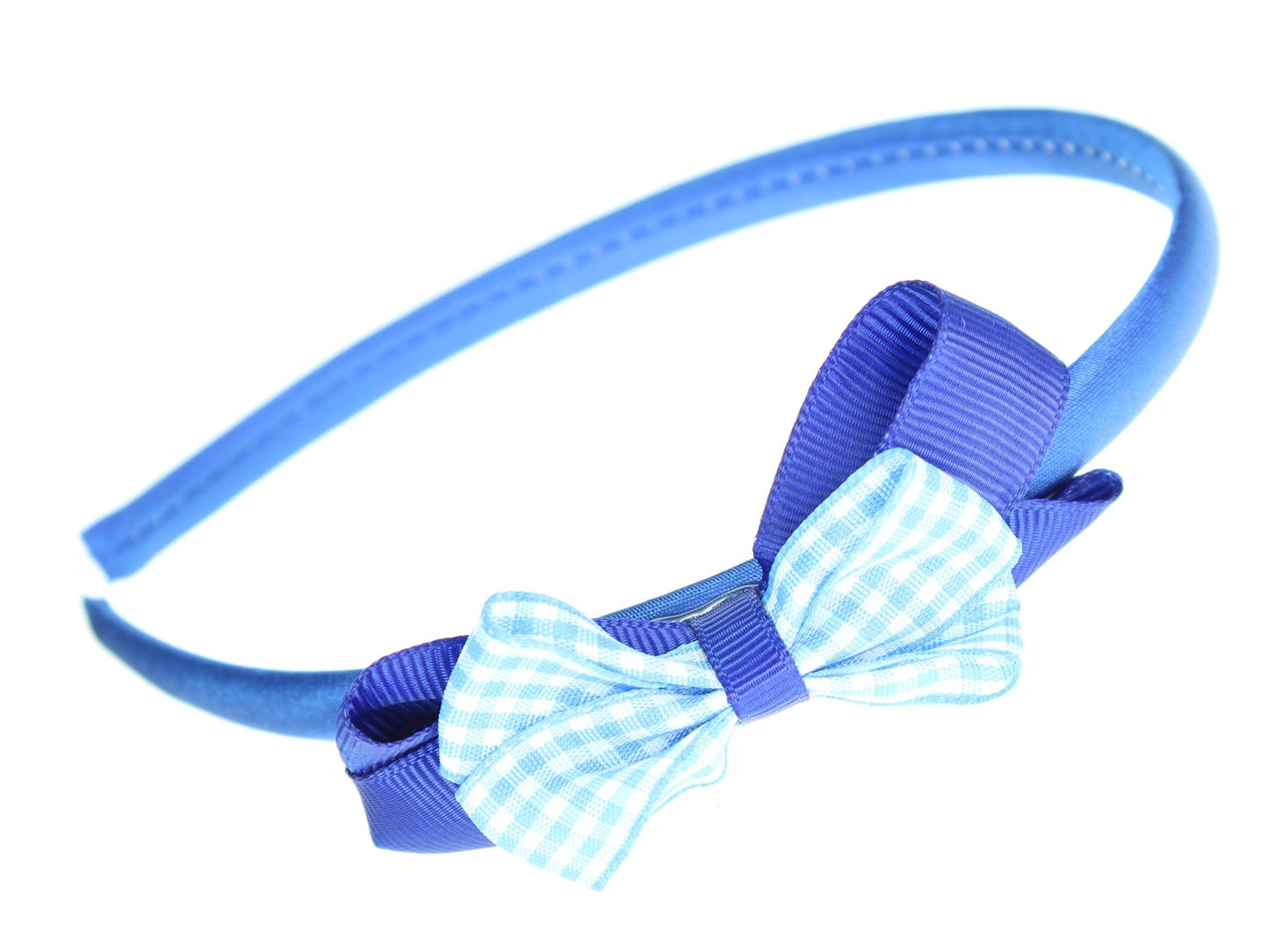 Girls Blue School Plastic Headband Alice Band Hair Band With Gingham Bow