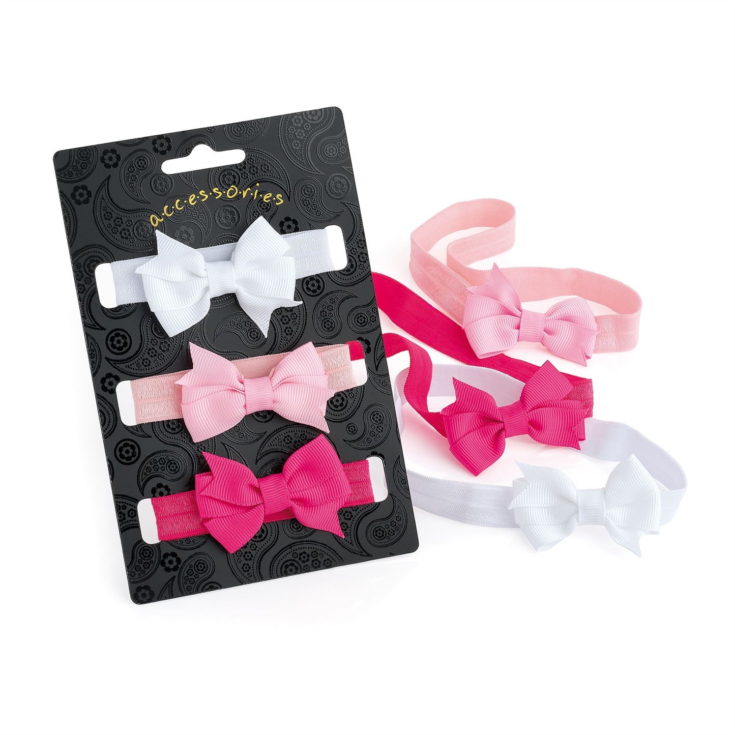 Girls White Pink Grosgrain Ribbon Bow Headband Hair Elastic Hair Bands