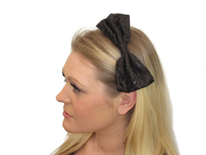 Black Sequin Large Big Bow Hair Band Head Band FascinatorRaces Party