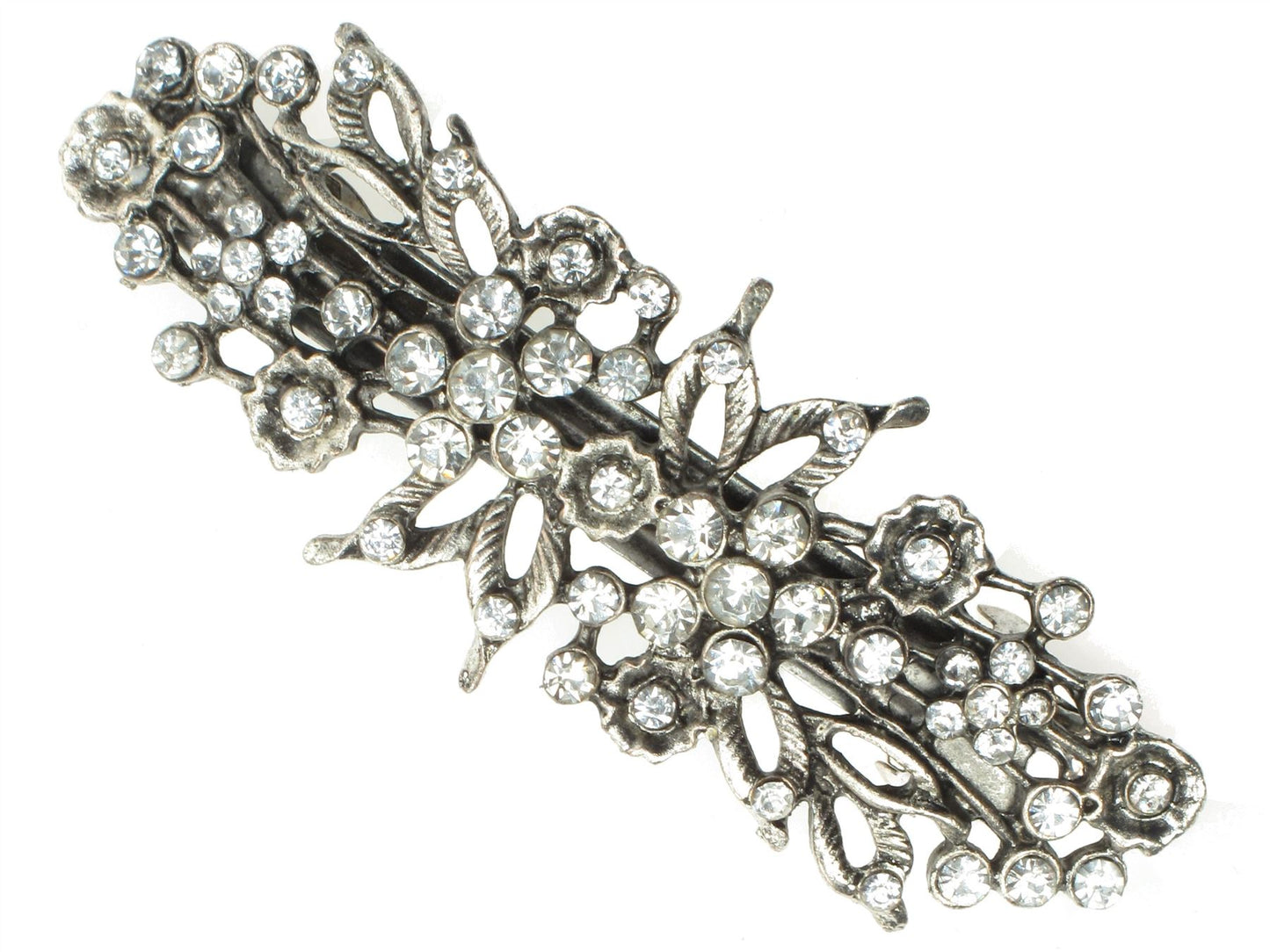 Antique Vintage Silver Crystal Floral French Barrette Hair Clip Bridal Prom