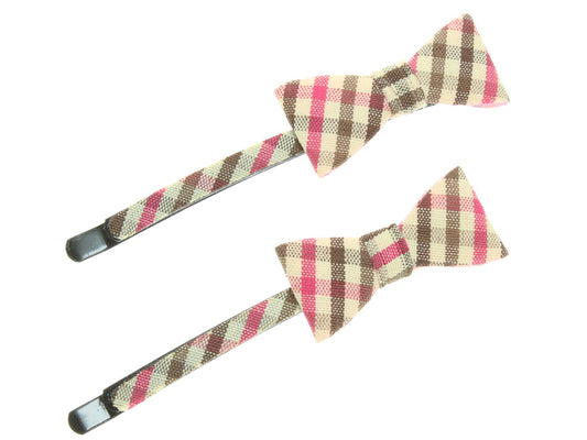 Beige/Pink Gingham Bow Hair Slide Hair Clip Grips Hair Accessory