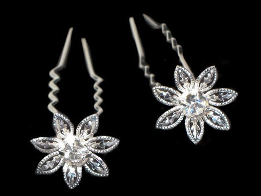 Pair of Silver Flower Crystal Waved Hair Pins Grips Bridal Wedding Prom