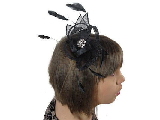 Black Sinamay Feather Crystal Fascinator Hair Comb Slide Hat Weddings Races