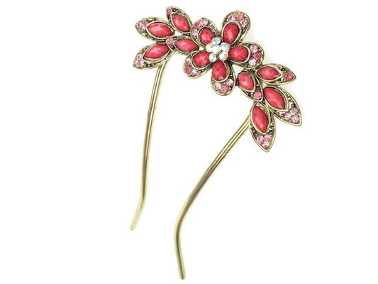 Vintage Gold Pink Crystal Floral Chignon Pin Hair Bun Pin Hair Accessory