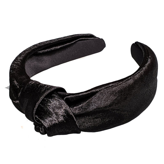 Large Wide Black Crushed Satin Top Knot Twist Plastic Headband Hair Band