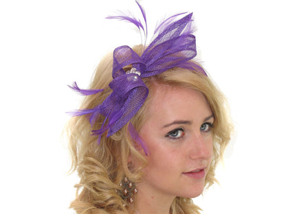 Purple Crystal Loop Bow Feather Head Band Hair Band Fascinator Hat Races