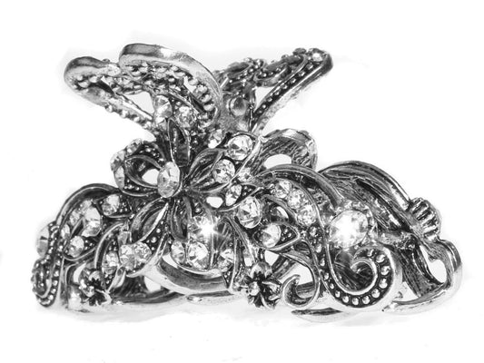 Vintage Silver Crystal Metal Floral Flower Hair Claw Clip Clamp Bridal