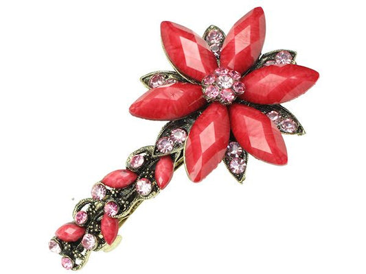 Vintage Gold Coral Pink Crystal Flower French Barrette Hair Clip Grip Slide