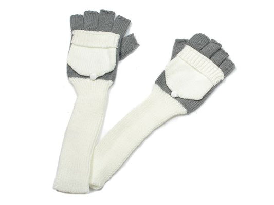 Ladies Warm Cream Grey Long Flip Mit Fingerless Gloves Arm Hand Warmer