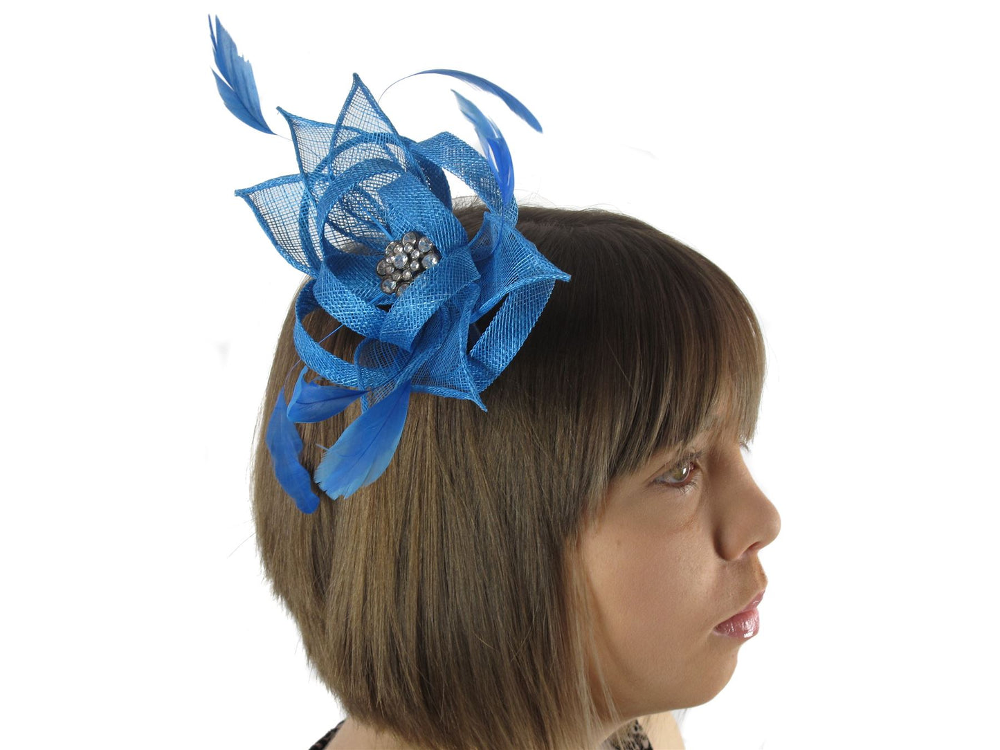 Cobalt Blue Sinamay Feather Crystal Fascinator Hair Comb Hat Weddings Races