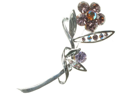 Purple Lilac Silver Sparkling Flower Crystal Diamante Pin Badge Brooch