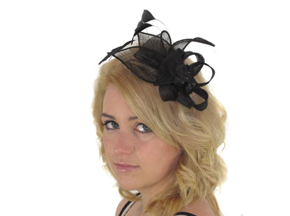 Black Crystal Flower Leaf Feather Hair Comb Slide Fascinator Weddings Races