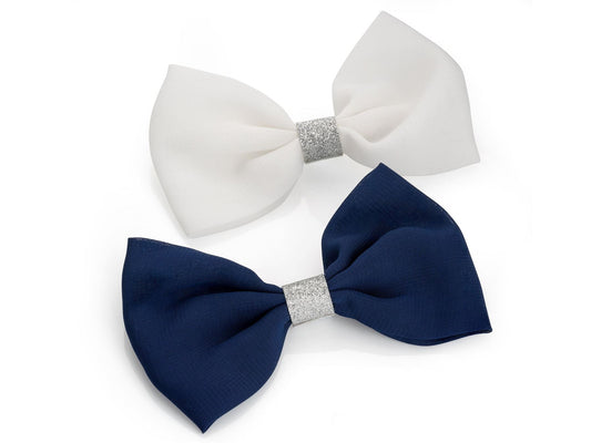 Big Large Navy White Fabric Bow 4.5cm Alligator Beak Jaw Hair Clip Slides