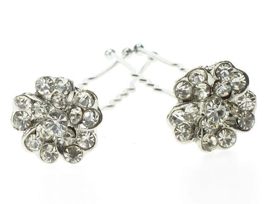 2 Silver Clear Crystal Flower Cluster Hair Pins Bride Prom Bridesmaid