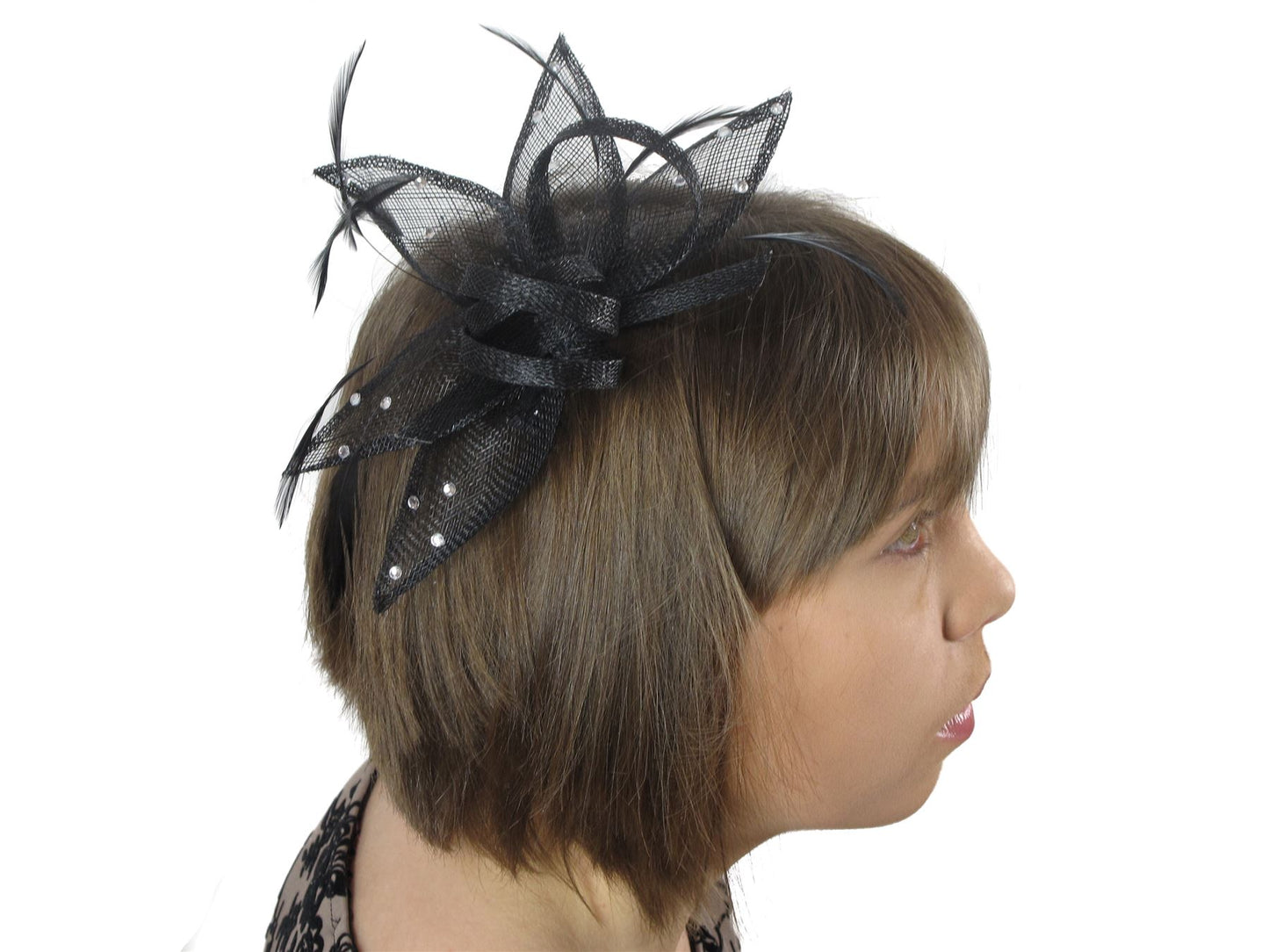 Womens Black Crystal Leaf Hat Fascinator Hair Comb Slide Weddings Races