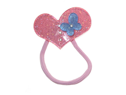 Girls Pink Glitter Crystal Heart Butterfly Hair Bobble Elastic Ponytail