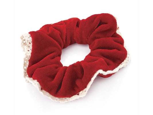 Soft Red Velvet Lace Trim Hair Scrunchie Bobble Elastic Hair Band Accessory