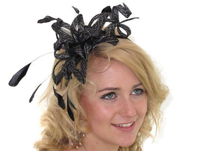 Black Silver Lurex Twist Feather Hair Band Headband Hat Fascinator Races