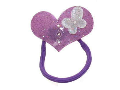 Girls Purple Glitter Crystal Heart Butterfly Hair Bobble Elastic Ponytail