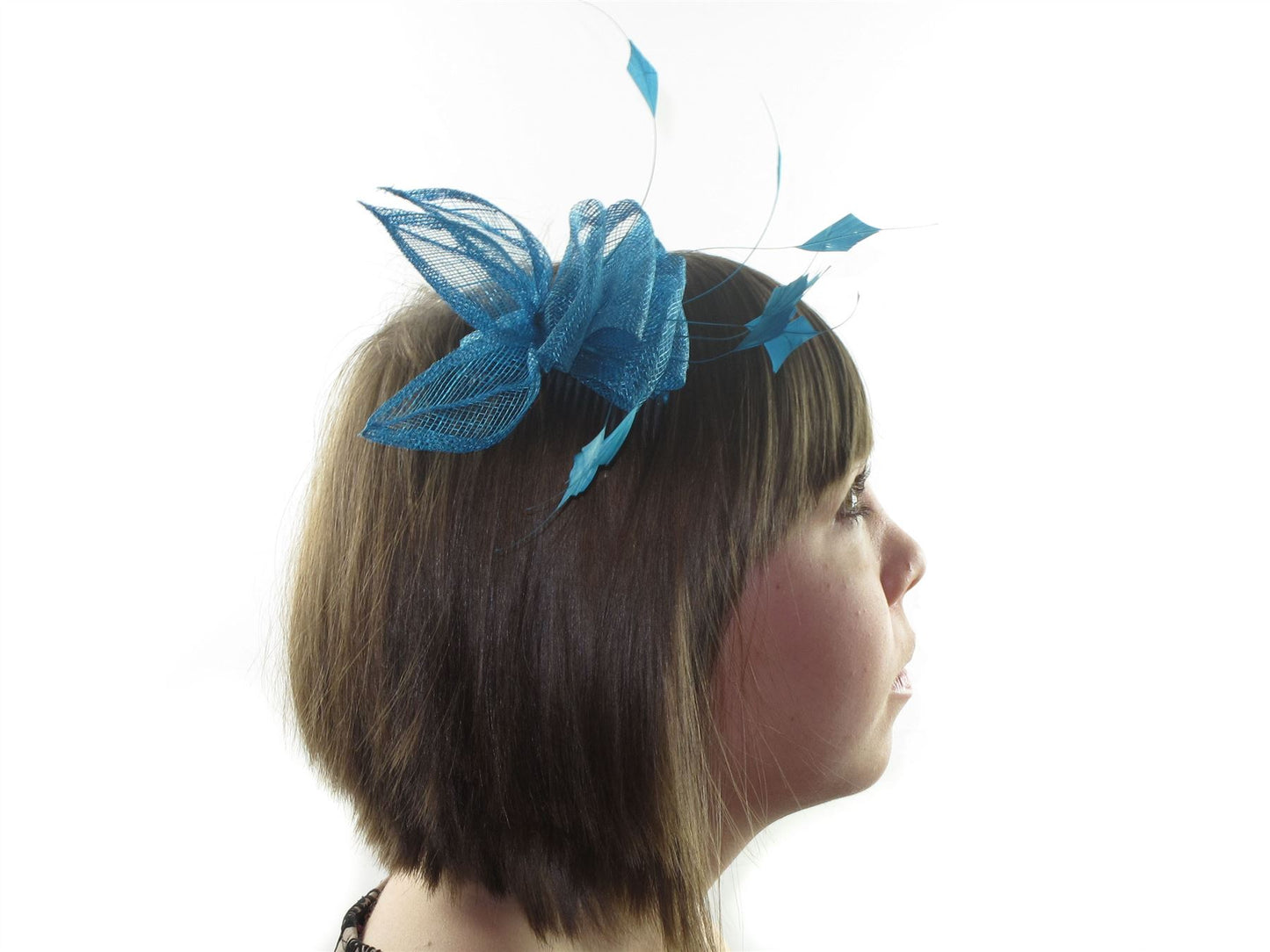 Blue Looped Leaf Feathers Fascinator Hair Comb Slide Hat Weddings Races