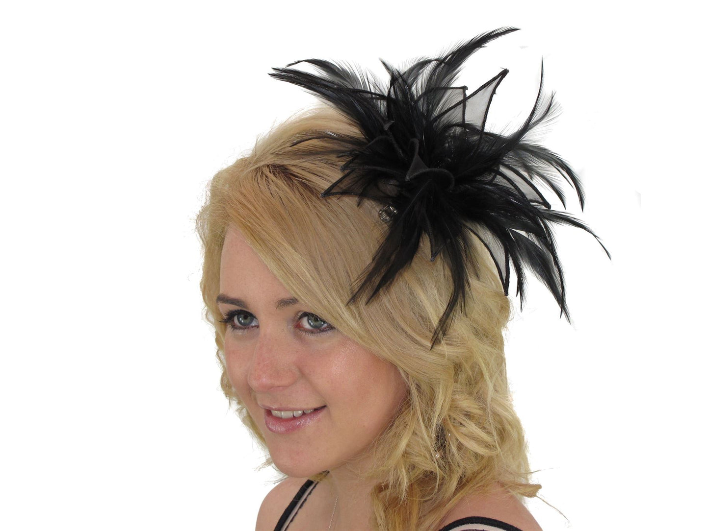 Black Organza Feather Alligator Beak Hair Clip Slide Fascinator Races