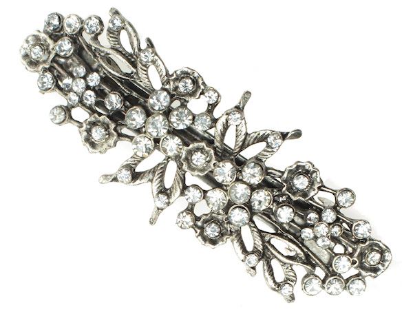 Antique Vintage Silver Crystal Floral French Barrette Hair Clip Bridal Prom