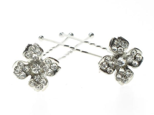 2 x Silver Clear Crystal Flower Daisy Hair Pins Wedding Bride Prom Bridesmaid