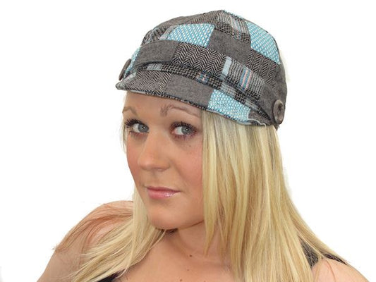 Ladies Women Blue Grey Patchwork Bolton Bakerboy Cap Peak Cap Newsboy Hat