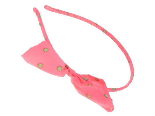 Pink Polka Dot Chiffon Neon Bow Narrow Thin Metal Headband Wire Hair Band