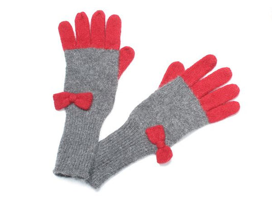 Ladies Womens Warm Winter Super Soft Knitted Grey Red Bow Gloves Long Cuff