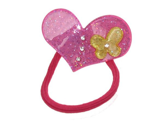 Girls Hot Pink Glitter Crystal Heart Butterfly Hair Bobble Elastic Ponytail