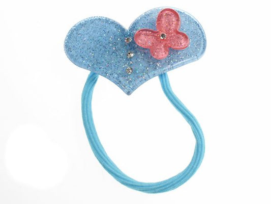 Girls Blue Glitter Crystal Heart Butterfly Hair Bobble Elastic Ponytail