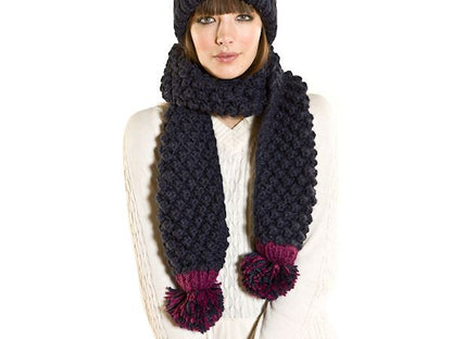 Warm Winter Chunky Knit Navy Magenta Scarf Neck Warmer Pom Poms