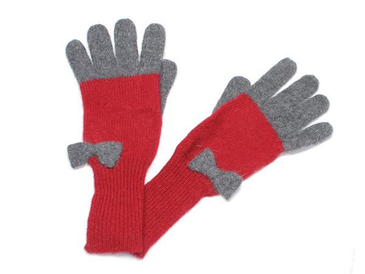 Ladies Womens Warm Winter Super Soft Knitted Red Grey Bow Gloves Long Cuff