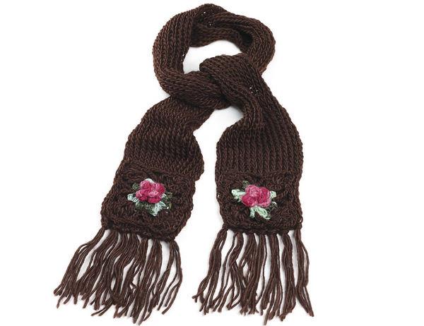 Soft Brown Chunky Rib Knit Warm Winter Tassel Scarf With Floral Pattern