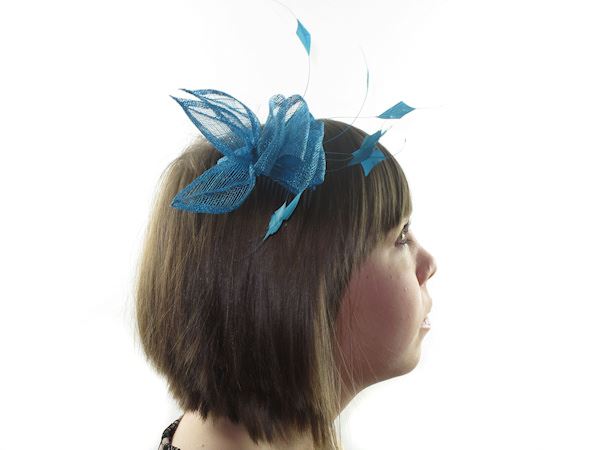 Blue Looped Leaf Feathers Fascinator Hair Comb Slide Hat Weddings Races