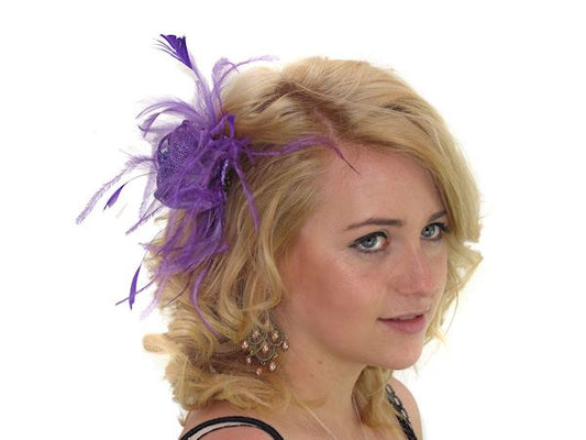 Amethyst Purple Rose Feather Hair Comb Slide Hat Fascinator Wedding Races