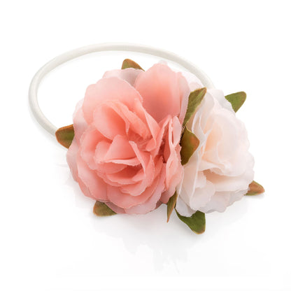 Pink Cream Double Flower Hair Band Elastic Headband