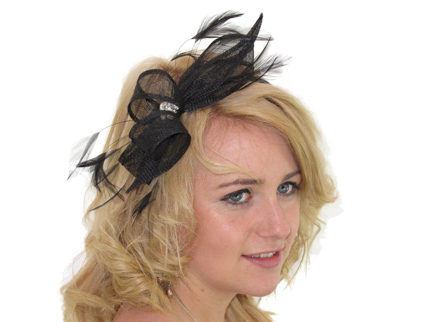 Black Crystal Loop Bow Feather Headband Hair Band Fascinator Weddings Races