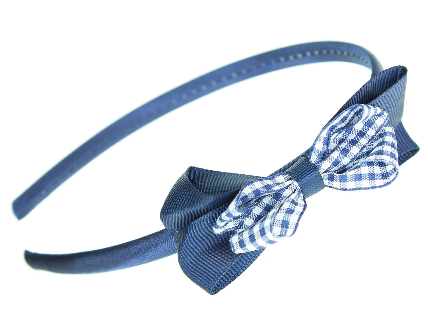 Girls Navy Blue School Plastic Headband Alice Hair Band With Gingham Bow