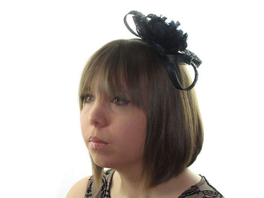 Navy Blue Sinamay Feather Flower Fascinator Hair Comb Hat Weddings Races