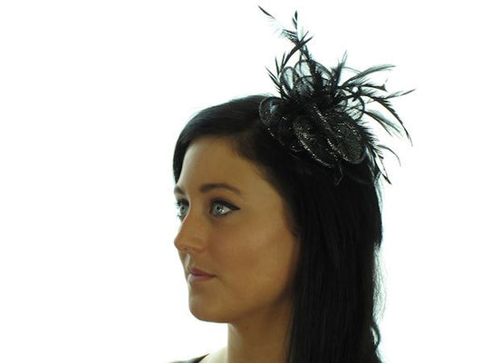 Black Silver Lurex Flower Feather Hair Comb Slide Hat Fascinator Races