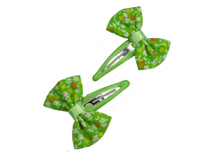 Girls Lime Green Fabric Bow 5cm Sleepies Snap Clips Hair Clips Slides Grips